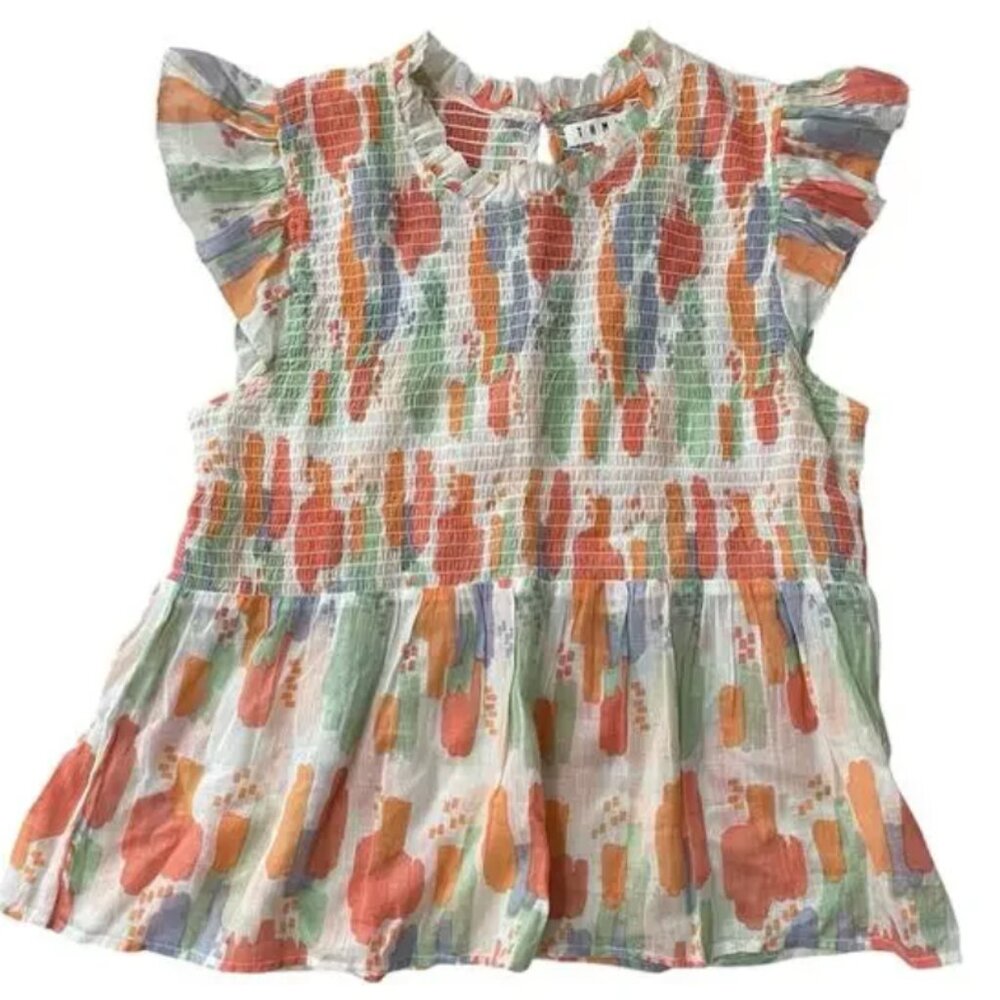 Anthropologie (THML) smocked flutter sleeve pastel print babydoll top, M